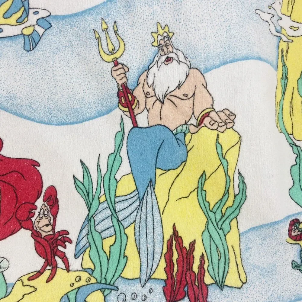 VTG Disney Little Mermaid Bed Sheet Twin Size Flannel Flat  90s Ariel USA Fabric